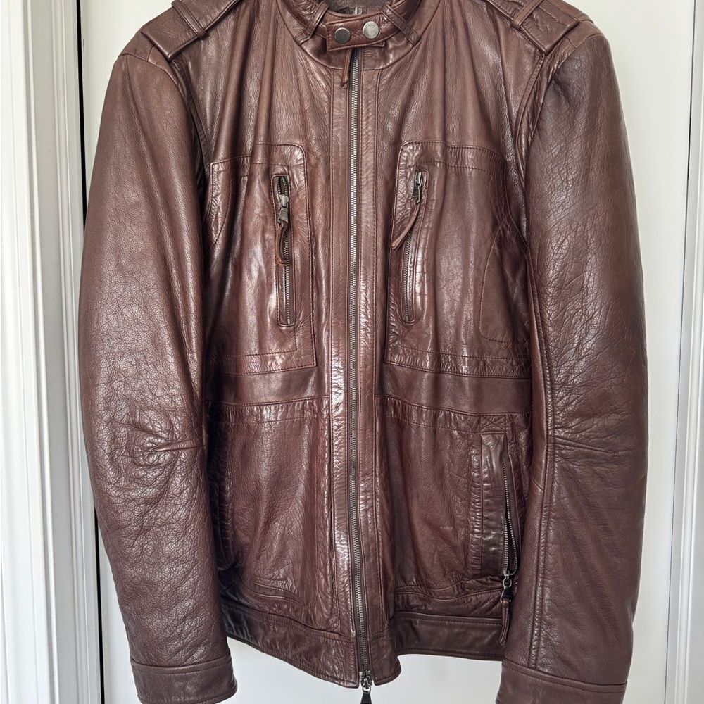 Hugo Boss Dark Brown Leather Military Jacket